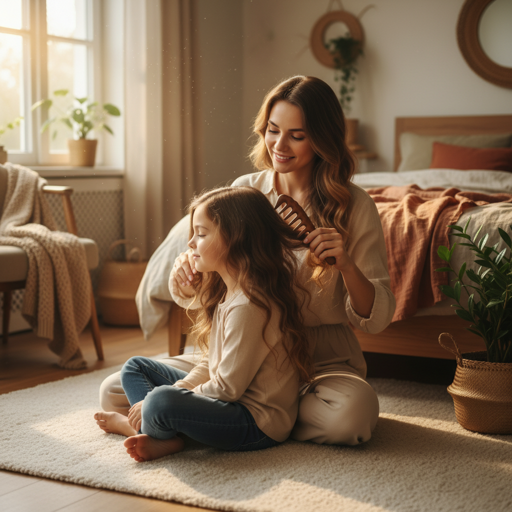 Mère fille moment démêlage doux peigne Santal en bois écologique