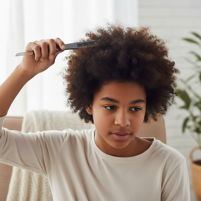 Adolescent cheveux afro utilisant peigne Pro Anti-Noeud