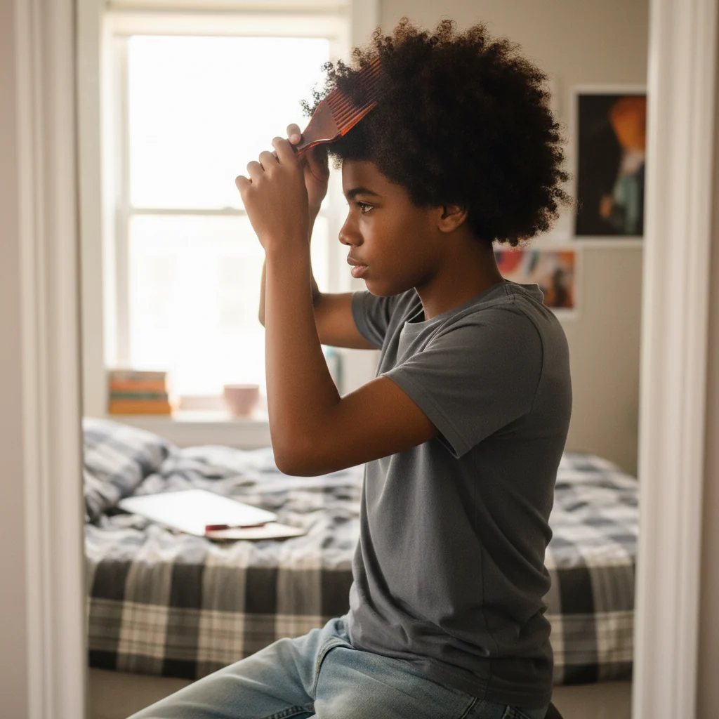 Adolescent coiffe dans chambre avec Peigne Afro SoftGrip