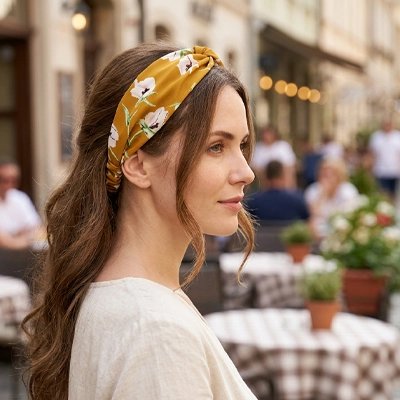 Bandeau Cheveux Femme Nouage Bohème fleuri moutarde