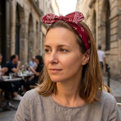 Bandeau Cheveux Femme Paisley bordeaux terrasse café