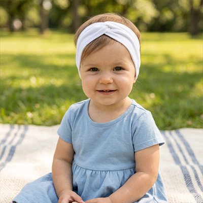 Bandeau Cheveux Twist blanc bébé assise jardin