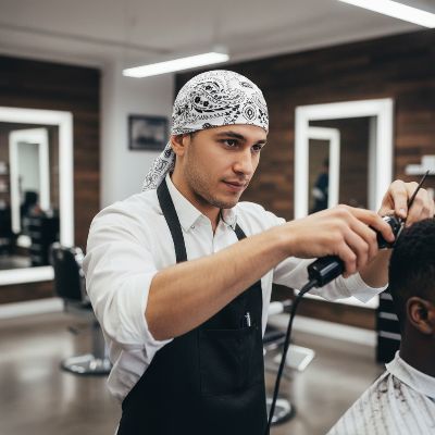 Barbier en salon portant Durag WavePerfect blanc paisley