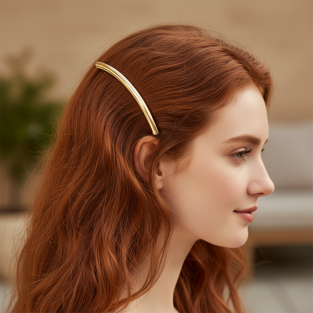 Barrette Cheveux Métal Tubulaire or cheveux roux côté