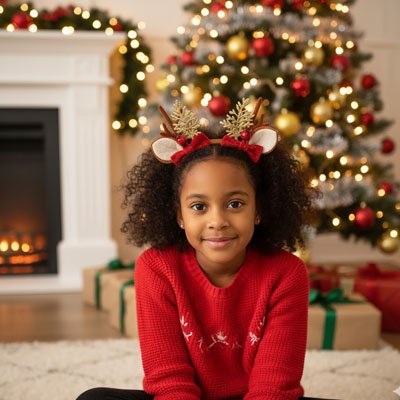 Barrette cheveux festive bois de renne avec ornements noeuds