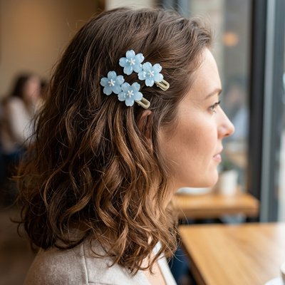 Barrettes à cheveux Élégance Fleurie bleue sur cheveux bouclés