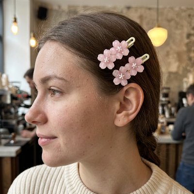 Barrettes à cheveux Élégance Fleurie rose sur cheveux attachés