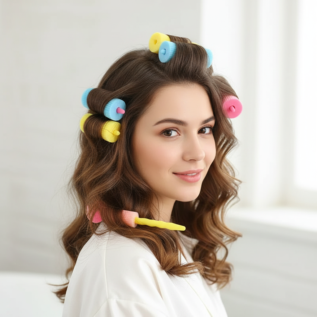 Bigoudis Mousse Sans Chaleur cheveux bruns ondulations naturelles 
