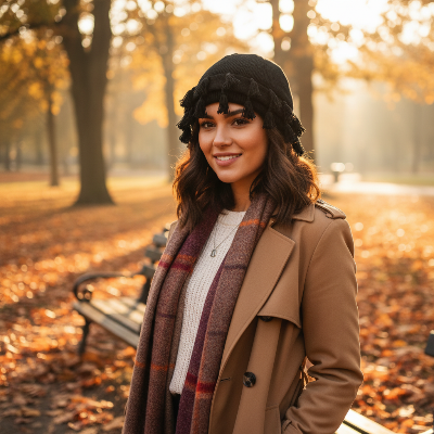 Bonnet Franges noir femme parc automne doré