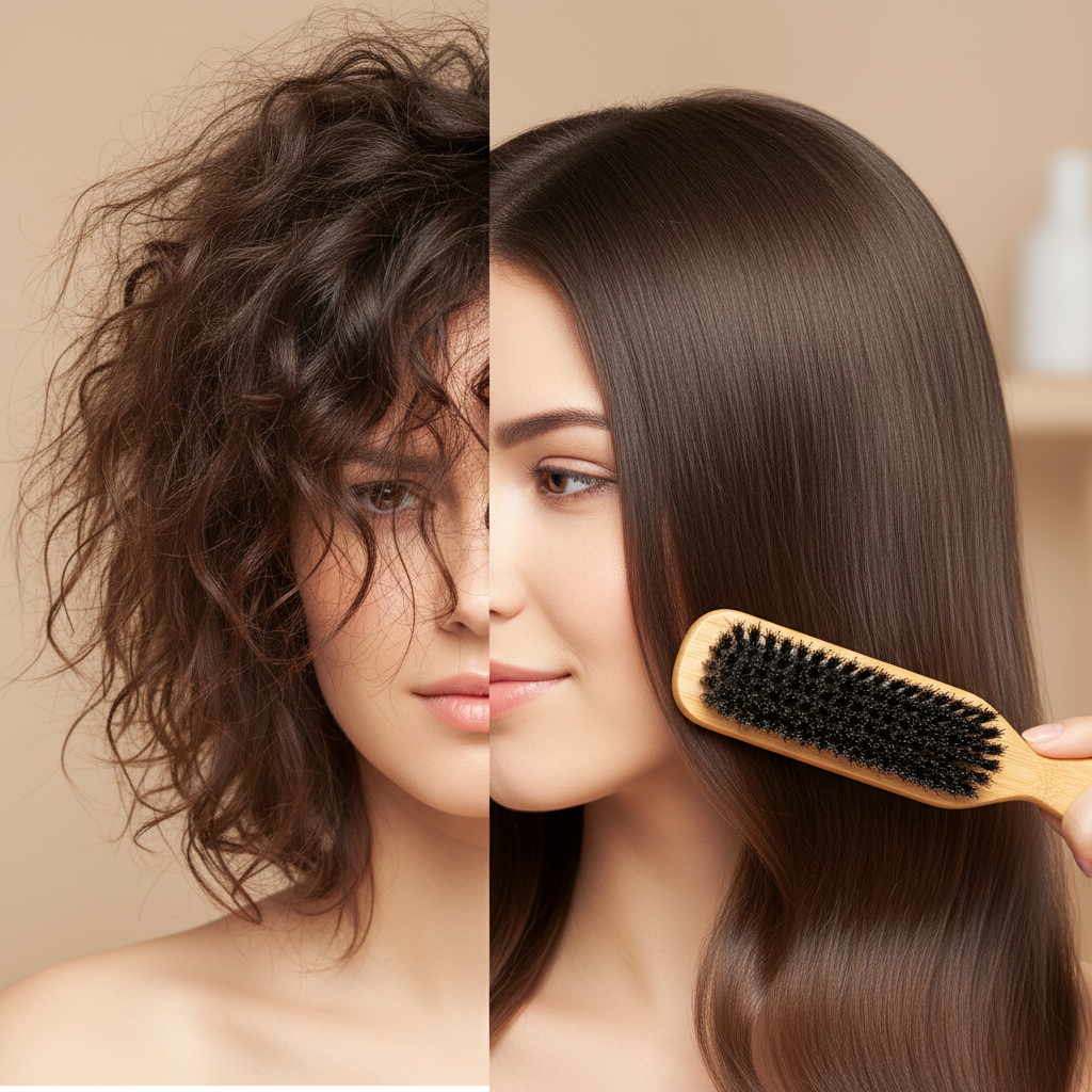 Brosse à cheveux en poils de sanglier Finition Parfaite avant après