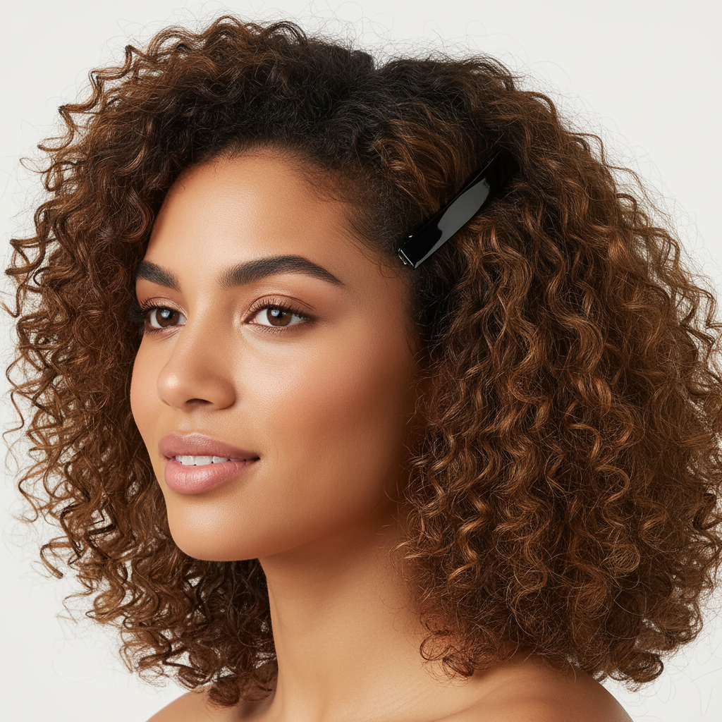 Cheveux bouclés naturels avec barrette cheveux Acétate Chic côté