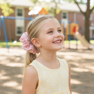 Chouchou Cheveux Fleuri & Pois rose fillette cour d'école
