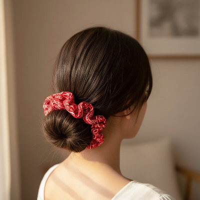 Chouchou Cheveux Paisley rouge chignon bas élégant cheveux lisses 