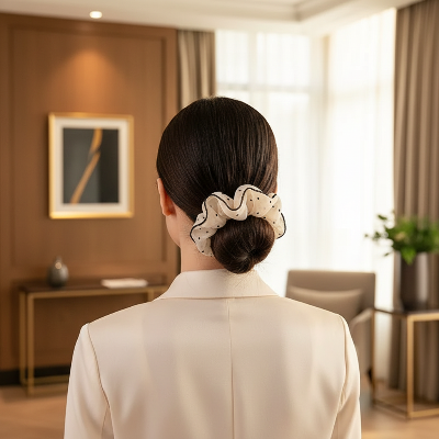 Chouchou Nœud Gaze pois noirs chignon bas coiffure professionnelle bureau 