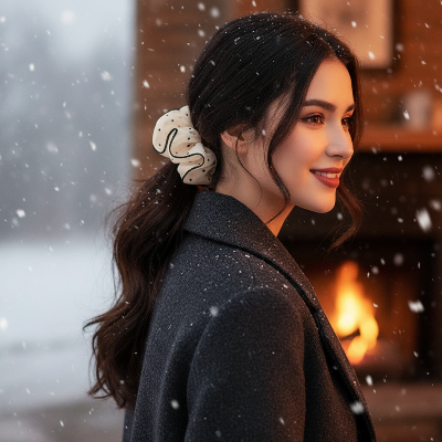 Chouchou Nœud Gaze pois noirs chignon bas élégant hiver 