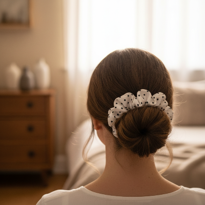 Chouchou Pois Rétro blanc coiffure chignon bas maison