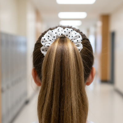 Chouchou Pois Rétro blanc coiffure queue de cheval école