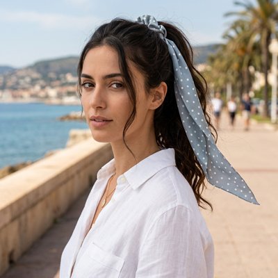 Chouchou Ruban Foulard Pois gris coiffure tenue décontractée