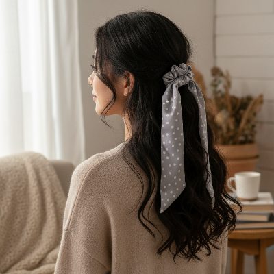 Chouchou Ruban Foulard Pois gris demi-queue cheveux épais