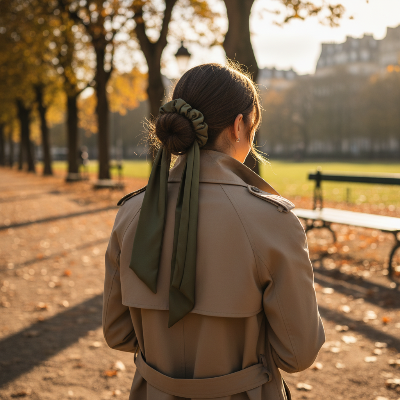 Chouchou Ruban Foulard vert chignon bas élégant en parc parisien