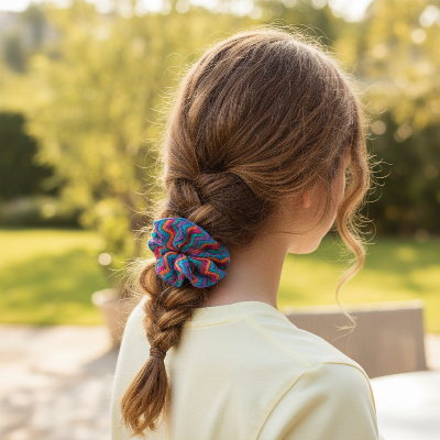 Chouchou Tricot Doux tresse ado cheveux ondulés jardin
