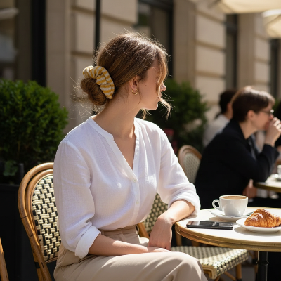 Chouchou Tricoté Coton jaune chignon bas élégant cheveux ondulés terrasse 