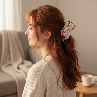 Chouchou Vichy & Pois Rouge demi-queue femme maison cheveux ondulés 