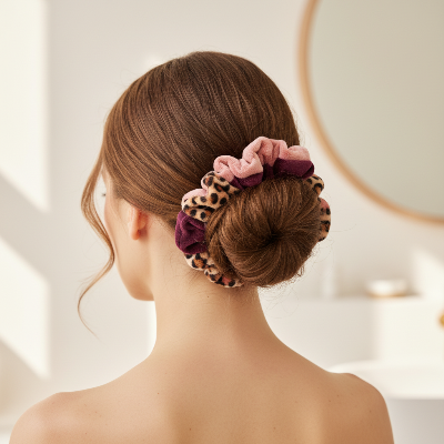 Chouchou cheveux Velours rose léopard sur chignon bas élégant 