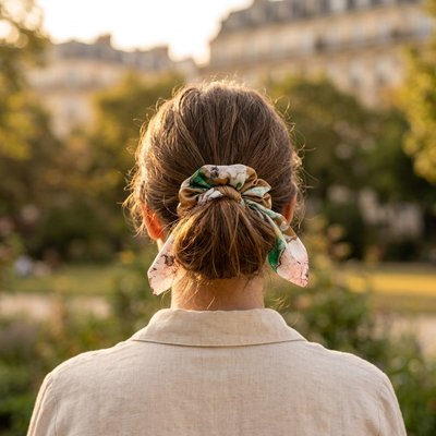 Chouchou pour les cheveux Douceur Parfaite Marron fleuri chignon bas
