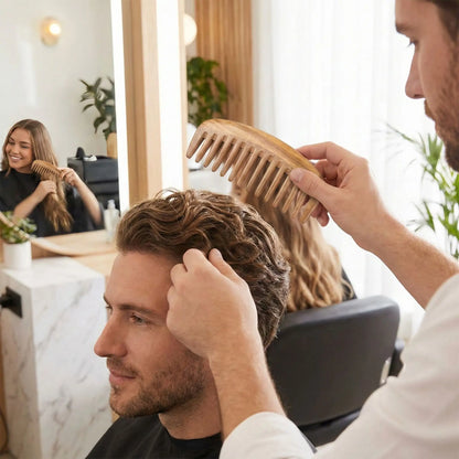 Coiffeur utilisant peigne bois SantalPur salon professionnel