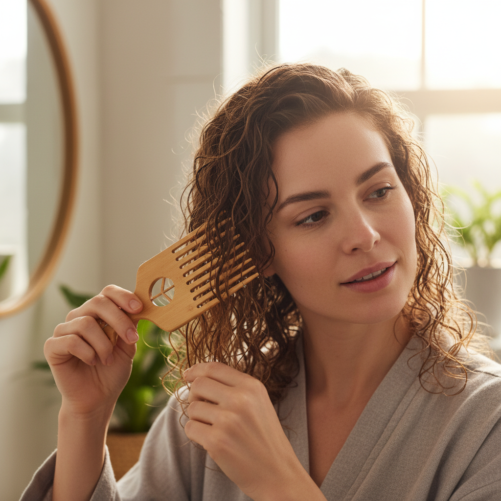 Démêlage cheveux bouclés mouillés avec peigne afro bois PowerWood