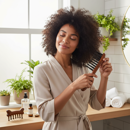 Démêlage doux cheveux afro bouclés avec peigne Serenite bois naturel