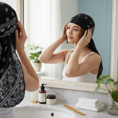 Durag Floral Satin noir routine capillaire matinale
