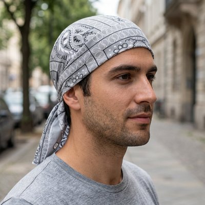 Durag WavePerfect gris paisley porté en ville