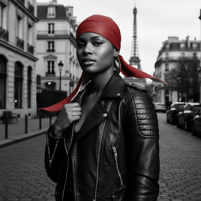 Durag rouge femme rue parisienne veste cuir style urbain