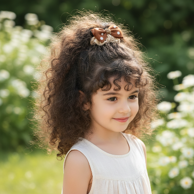 Élastique Cheveux Fille Nœud Cerise Fantaisie marron pois couette haute