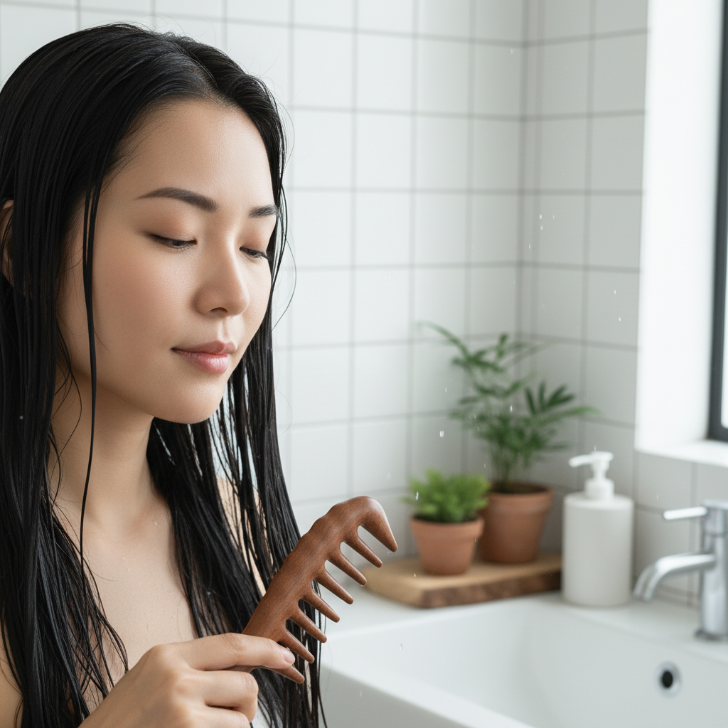 Femme aux cheveux mouilles utilisant peigne Santal Demelant anti-statique 