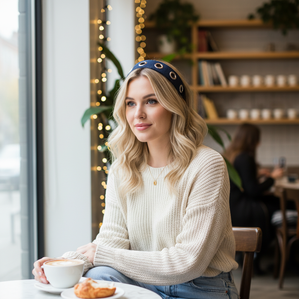 Femme blonde serre-tête Denim Rivets café urbain chic