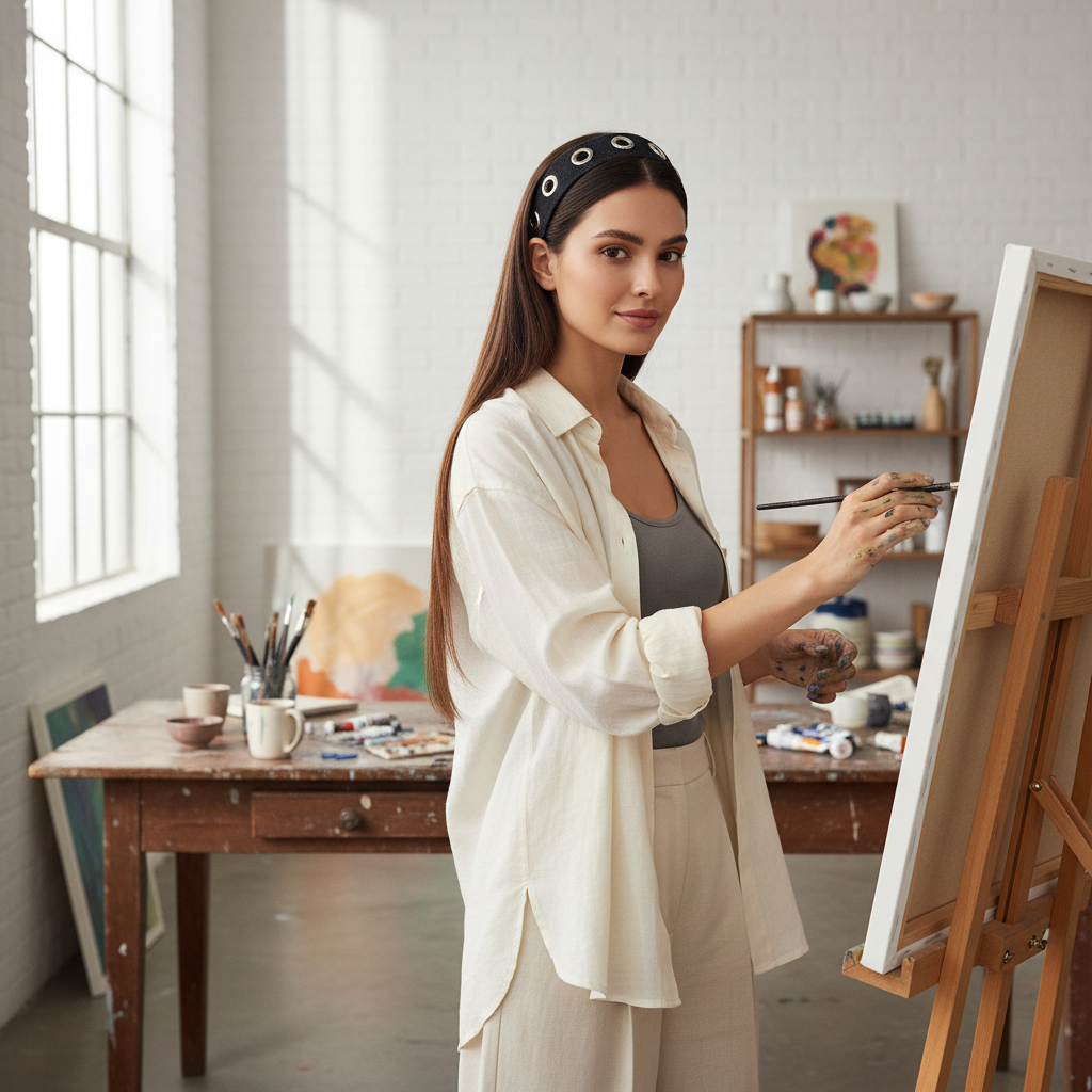 Femme brune travaillant atelier portant serre-tête Denim noir Rivets 