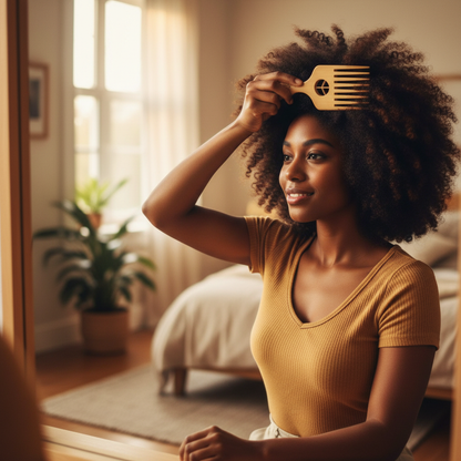 Femme cheveux afro crépus coiffage peigne PowerWood design poing bois