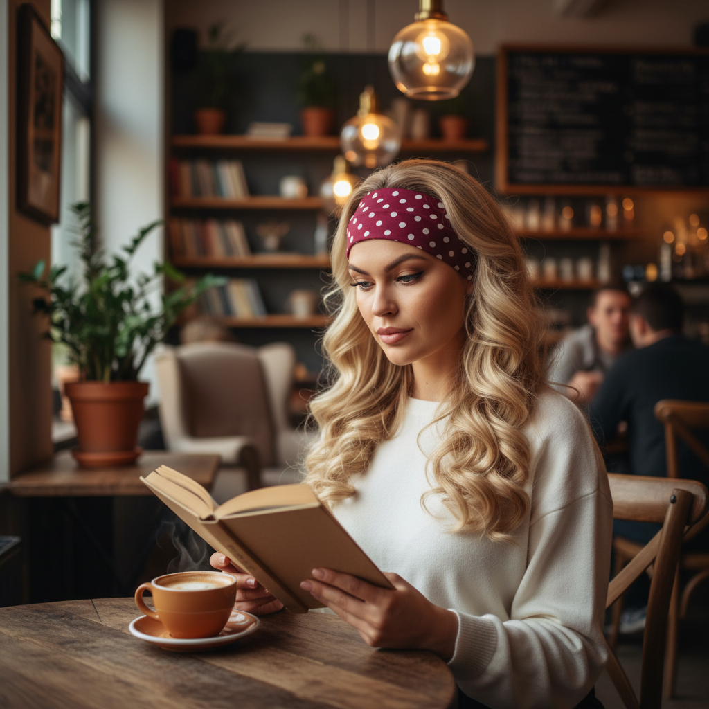Femme cheveux bouclés détente avec Bandeau cheveux pois Elegant