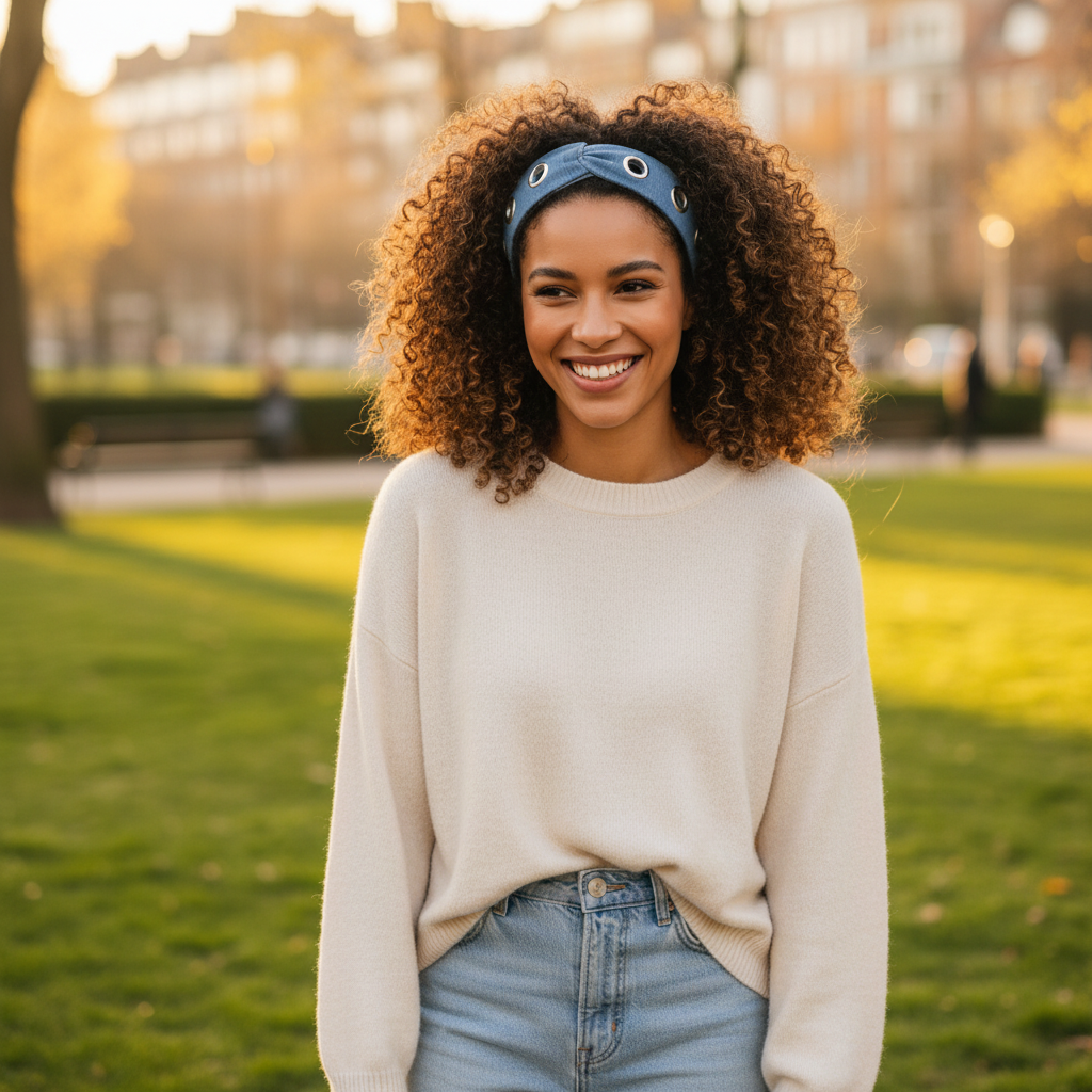 Femme cheveux bouclés extérieur avec serre-tête Denim Rivets bleu