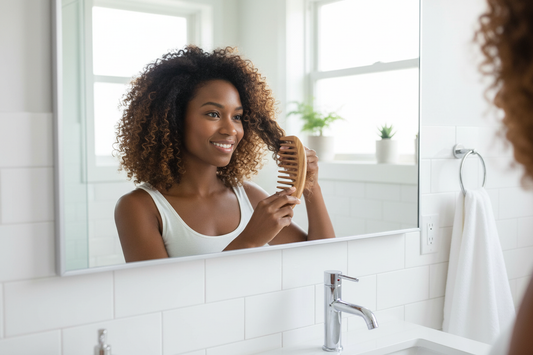 Femme démêlant cheveux bouclés salle de bain peigne SantalPur