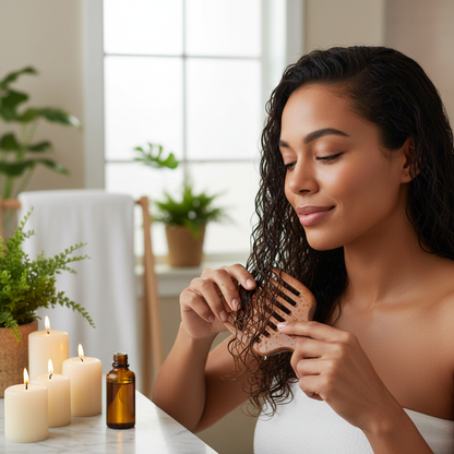 Femme spa appliquant huile cheveux mouilles avec peigne  afro BoisSsantal