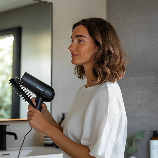 Femme utilisant brosse cheveux bouclés double face pour sécher cheveux 