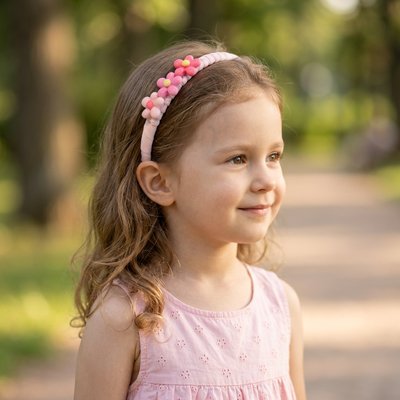Fillette cheveux fins portant Serre-Tête Petites Fleurs rose
