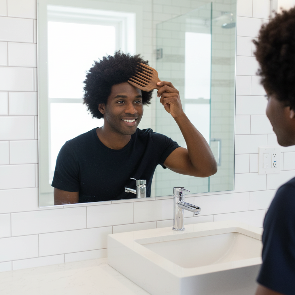 Homme coiffant cheveux devant miroir peigne Afro BoisSantal