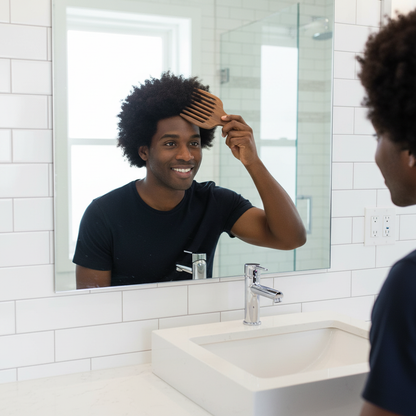 Homme coiffant cheveux devant miroir peigne Afro BoisSantal
