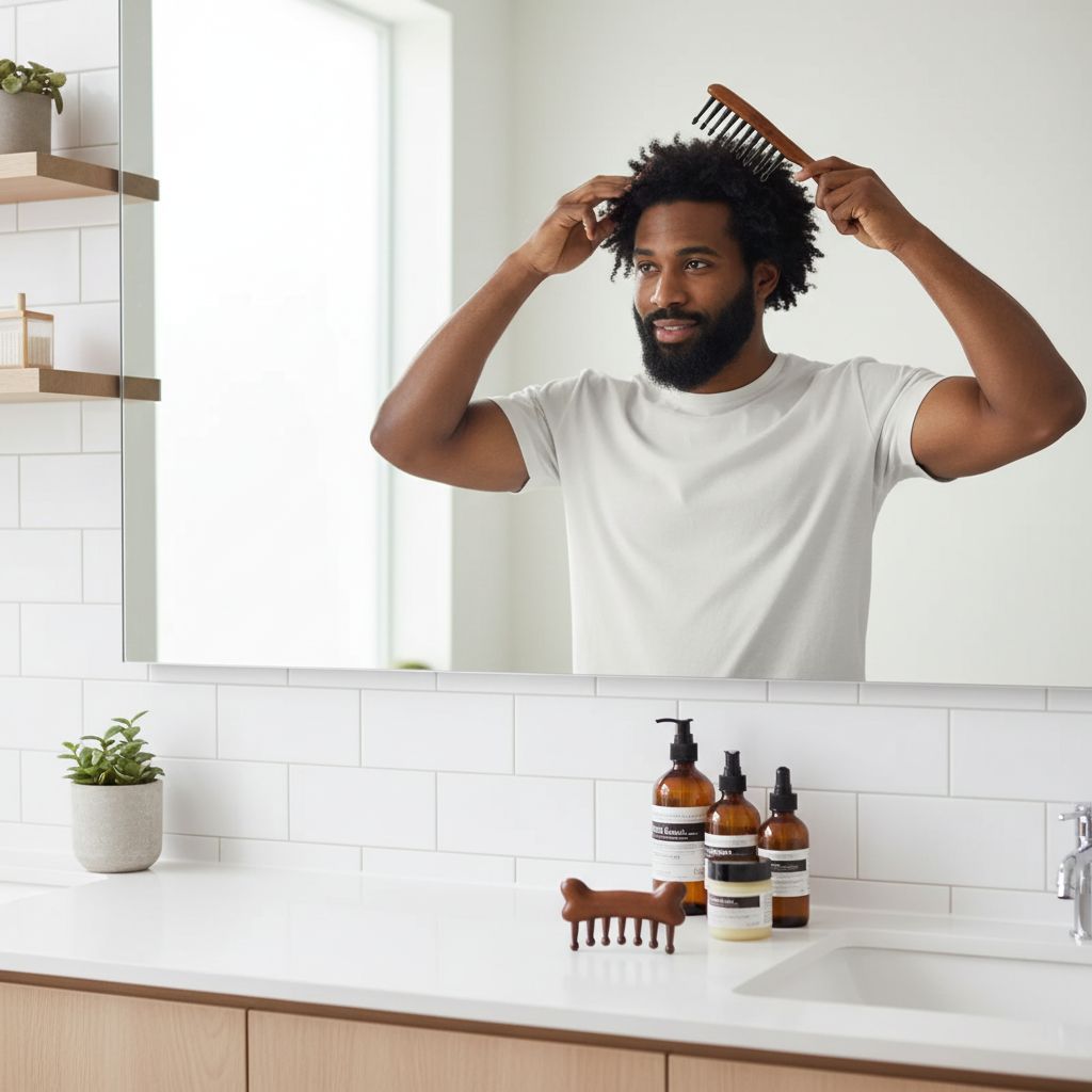 Homme démêlant cheveux bouclés avec peigne Serenite