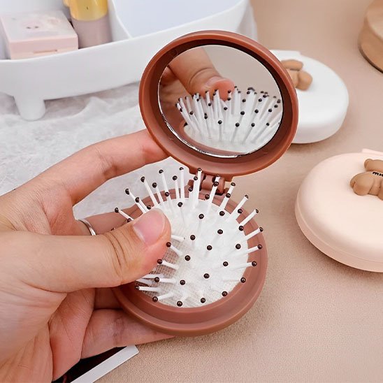 Mini brosse cheveux portable  avec miroir Détail couvercle motif décoratif